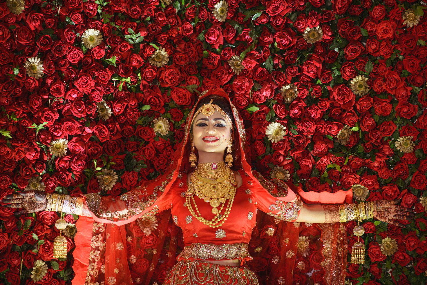 Woman Wearing Traditional Indian Wedding Dress Lying on Roses with Arms Wide-Open